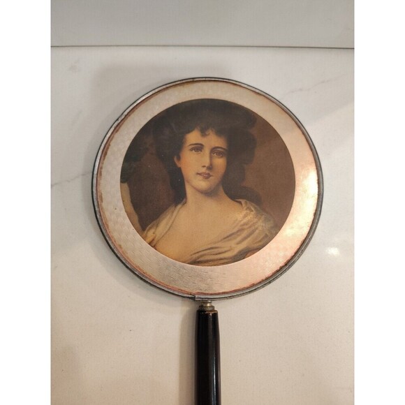 Vintage Handheld Portrait Lid Vanity Mirror with Wooden Handle Woman Portrait - Picture 2 of 13